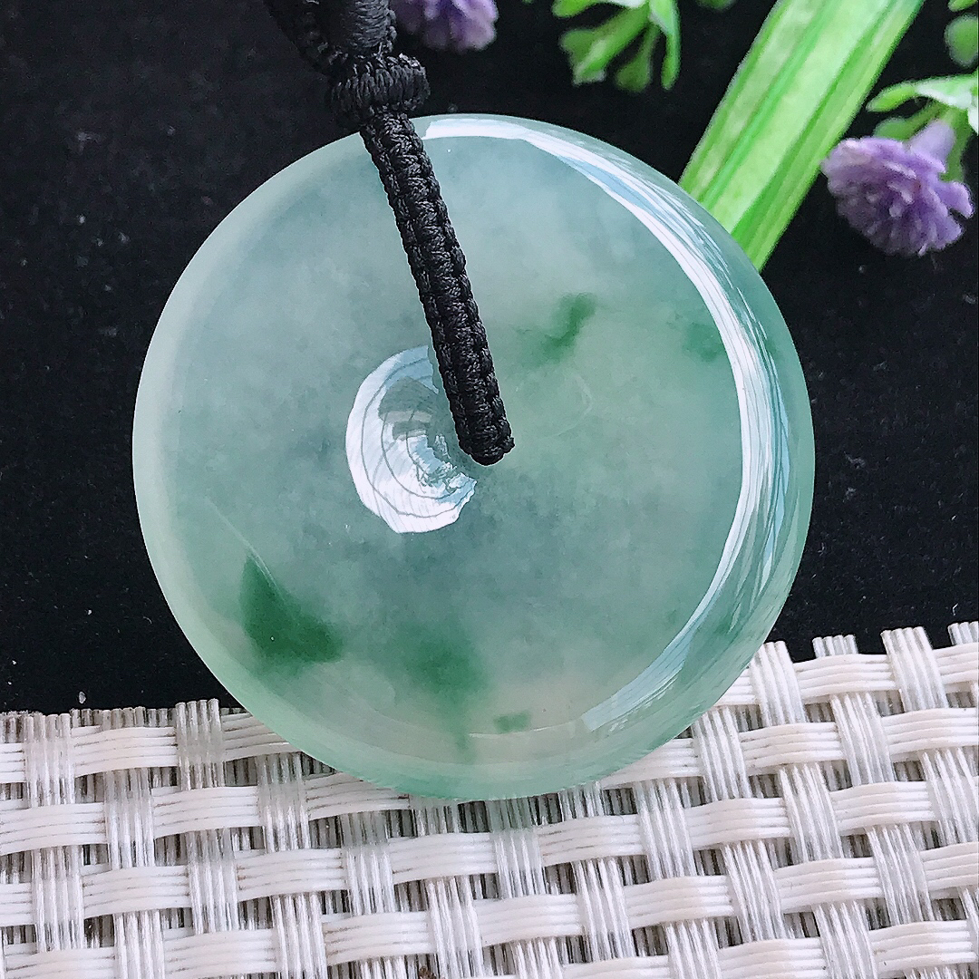 实拍A货翡翠38.2/6老坑冰种果冻冰飘花平安扣吊坠翡翠玉挂件