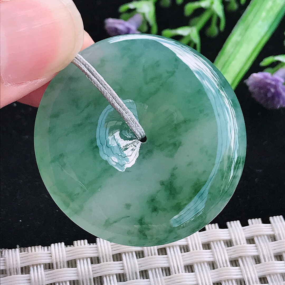 实拍A货翡翠35.9/5.6老坑冰润起胶飘花平安扣吊坠翡翠玉挂件