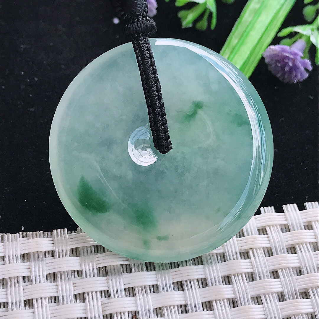 实拍A货翡翠38.2/6老坑冰种果冻冰飘花平安扣吊坠翡翠玉挂件