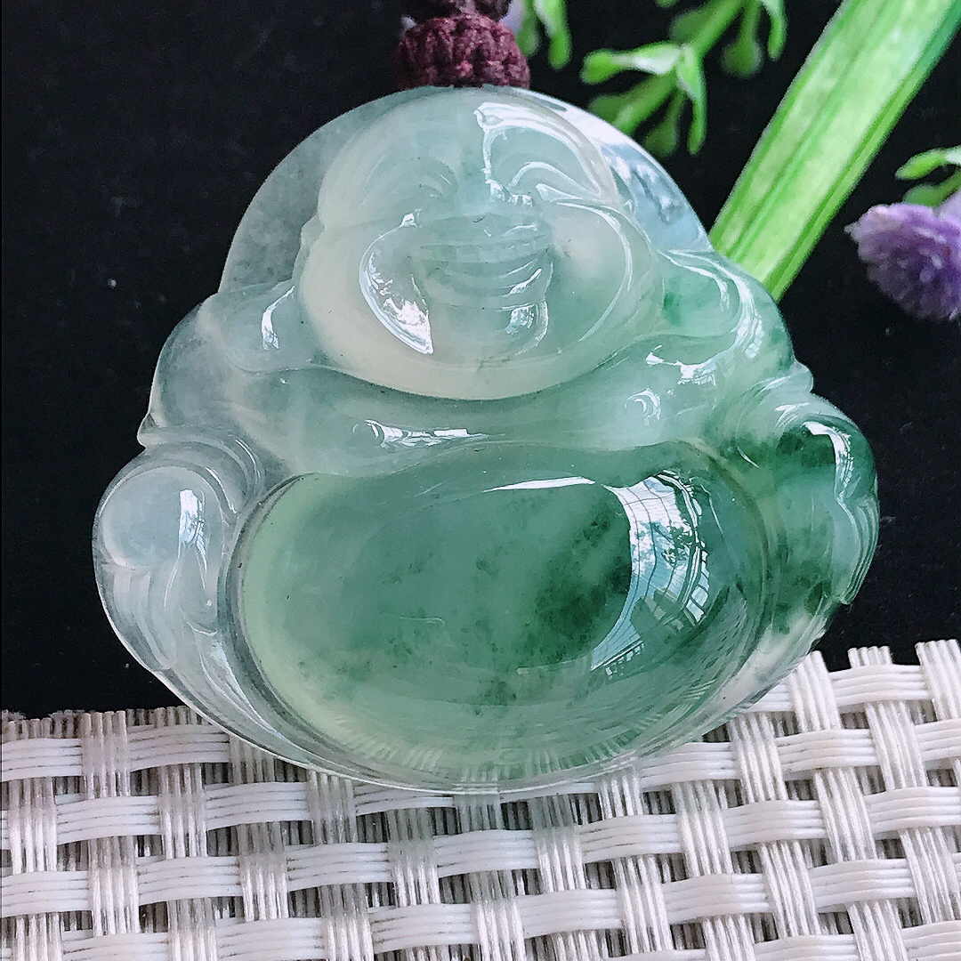 实拍A货翡翠41/45.5/10.2老坑冰胶果冻冰飘花大佛公吊坠翡翠玉挂件