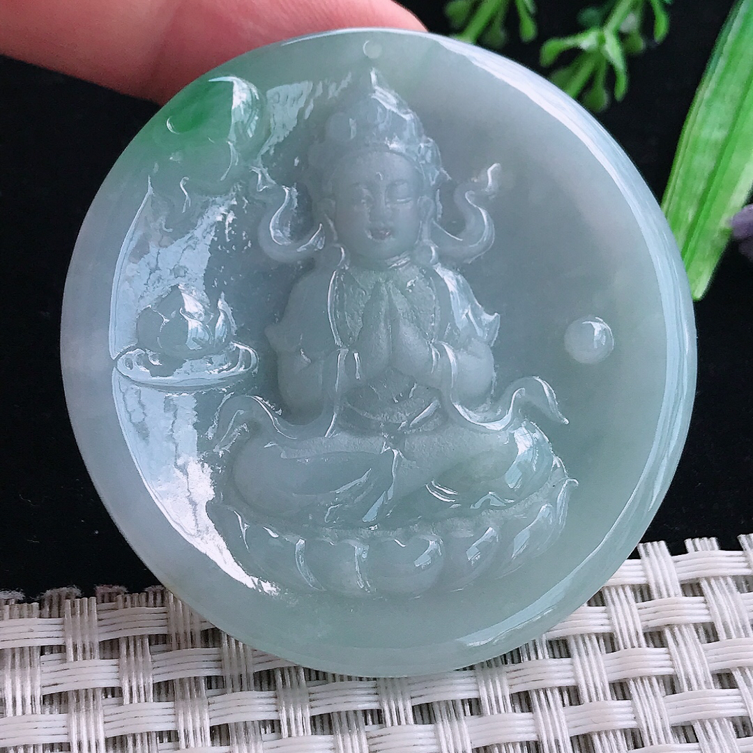 实拍A货翡翠53/5.5老坑冰润飘绿赐福观音吊坠翡翠玉挂件