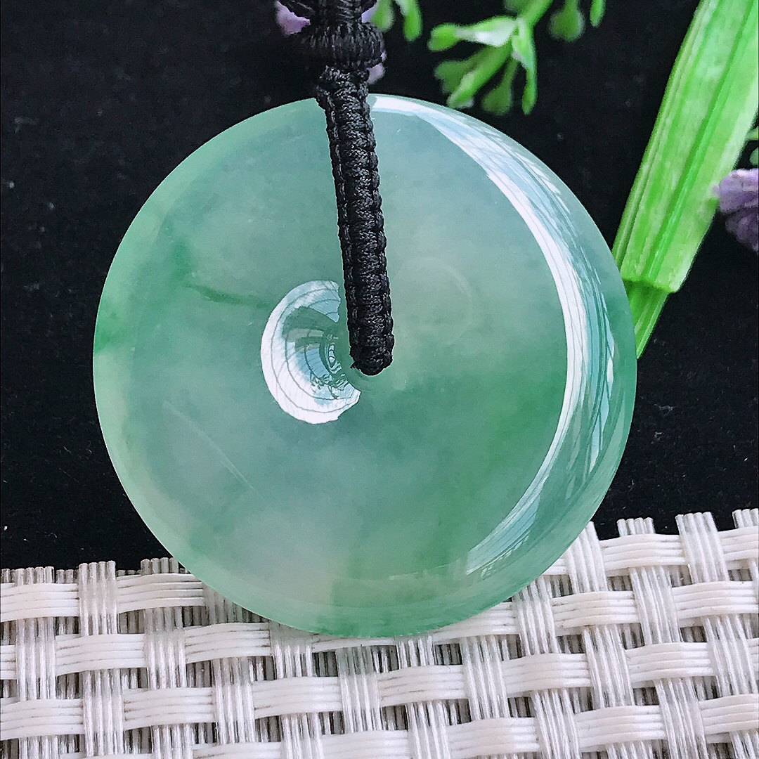 实拍A货翡翠36.5/5.8老坑冰种起胶冰晴飘绿平安扣吊坠翡翠玉扣挂件
