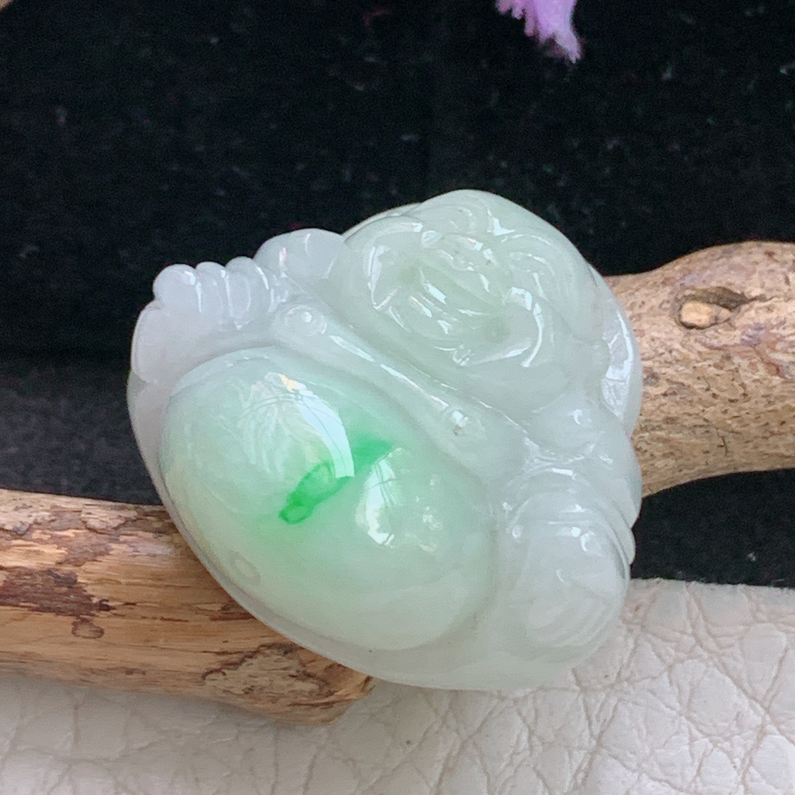 zen自然光28.8*26*12缅甸翡翠佛公吊坠白底青弥勒佛