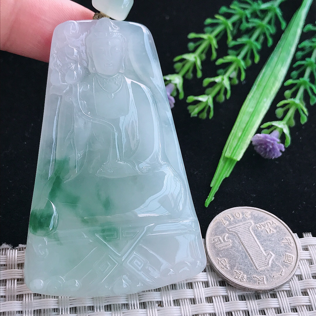 实拍A货翡翠67/44/7.5老坑冰润起胶冰飘花素衣观音吊坠翡翠玉大势至菩萨