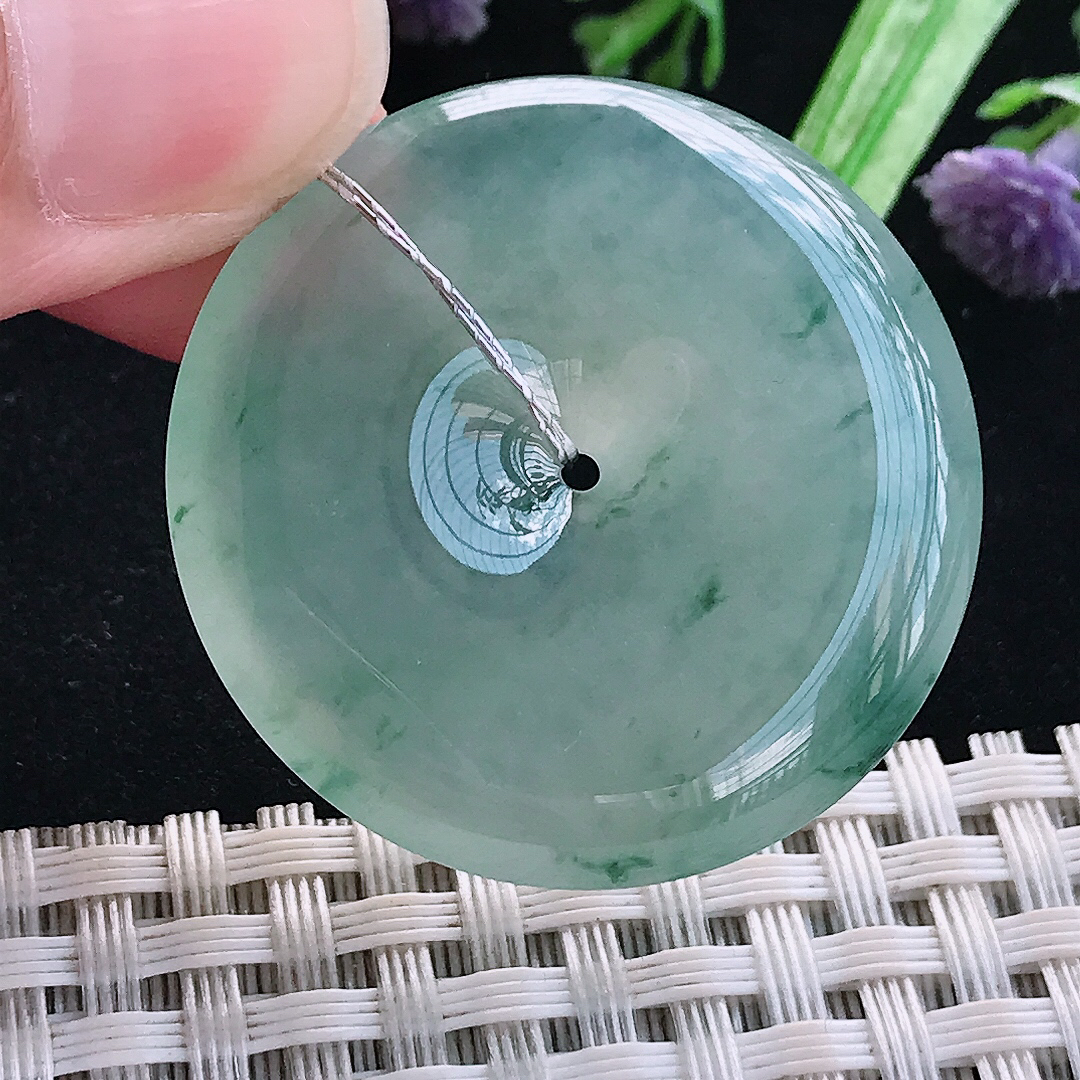 实拍A货翡翠34.9/6.2老坑冰种果冻冰飘花平安扣吊坠翡翠玉挂件