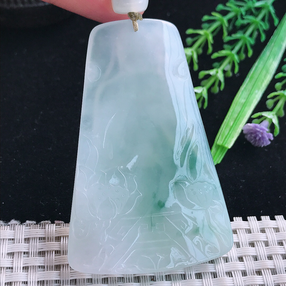实拍A货翡翠67/44/7.5老坑冰润起胶冰飘花素衣观音吊坠翡翠玉大势至菩萨