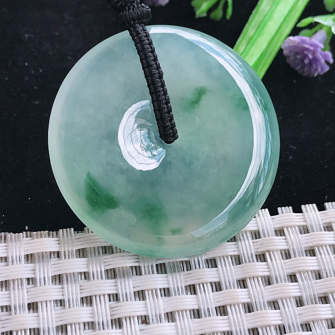 实拍A货翡翠38.2/6老坑冰种果冻冰飘花平安扣吊坠翡翠玉挂件