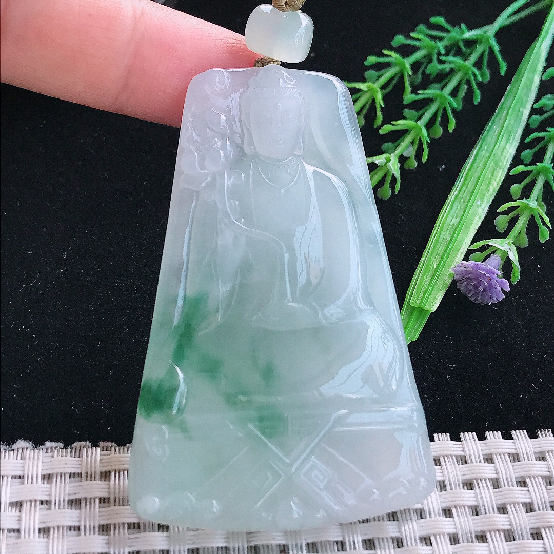 实拍A货翡翠67/44/7.5老坑冰润起胶冰飘花素衣观音吊坠翡翠玉大势至菩萨