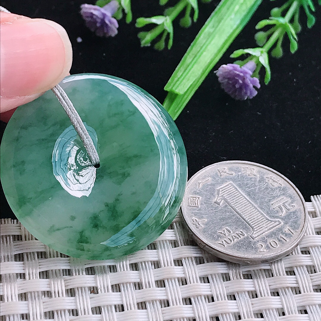 实拍A货翡翠35.9/5.6老坑冰润起胶飘花平安扣吊坠翡翠玉挂件
