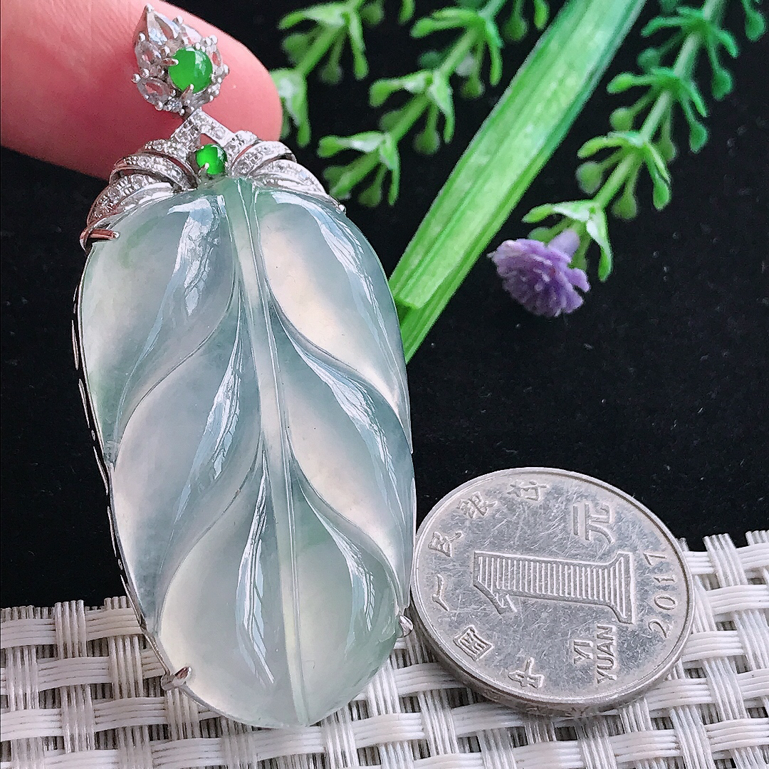 实拍A货翡翠61/27.2/10老坑18k金镶嵌冰种叶子吊坠翡翠玉挂件