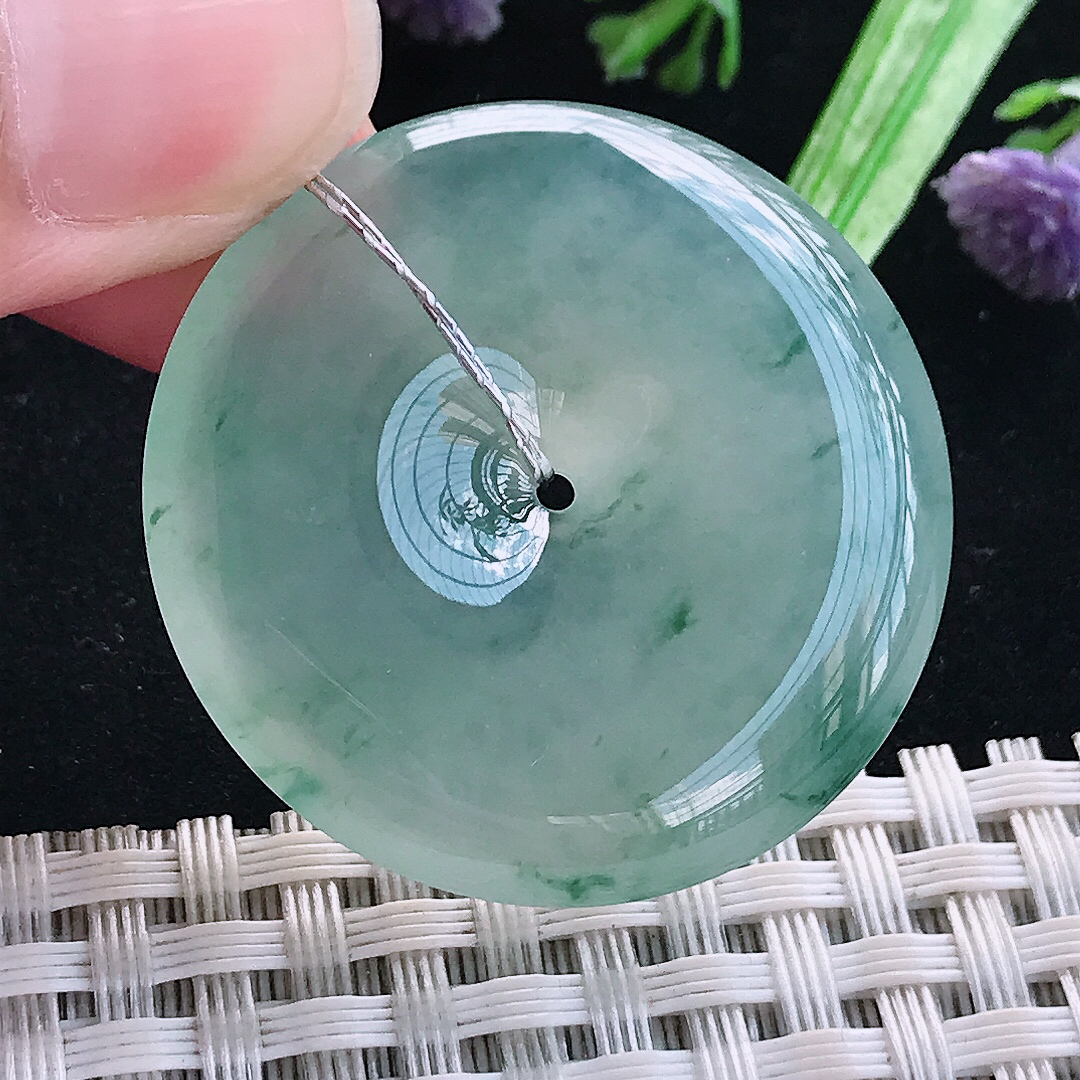 实拍A货翡翠34.9/6.2老坑冰种果冻冰飘花平安扣吊坠翡翠玉挂件