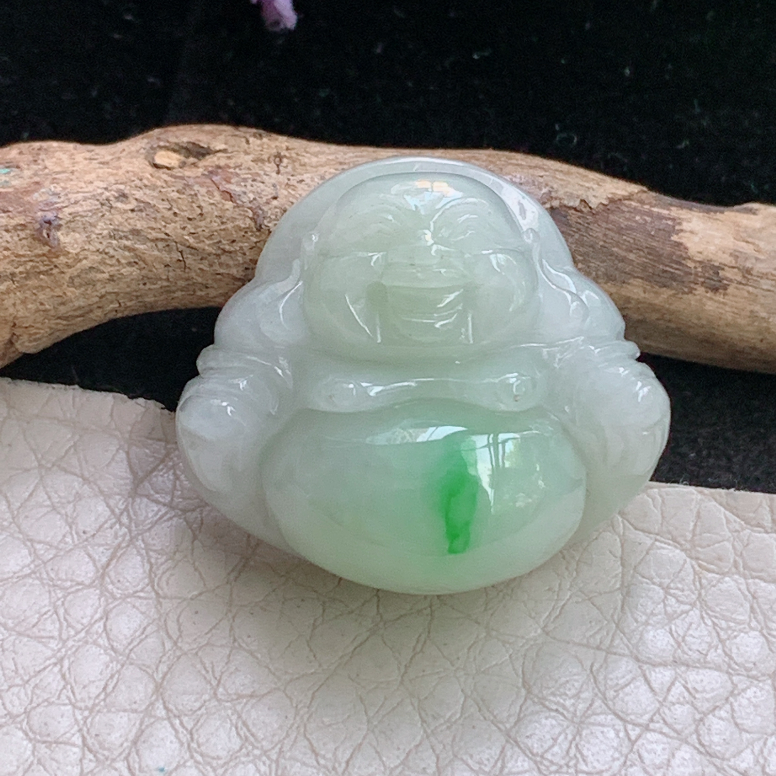 zen自然光28.8*26*12缅甸翡翠佛公吊坠白底青弥勒佛