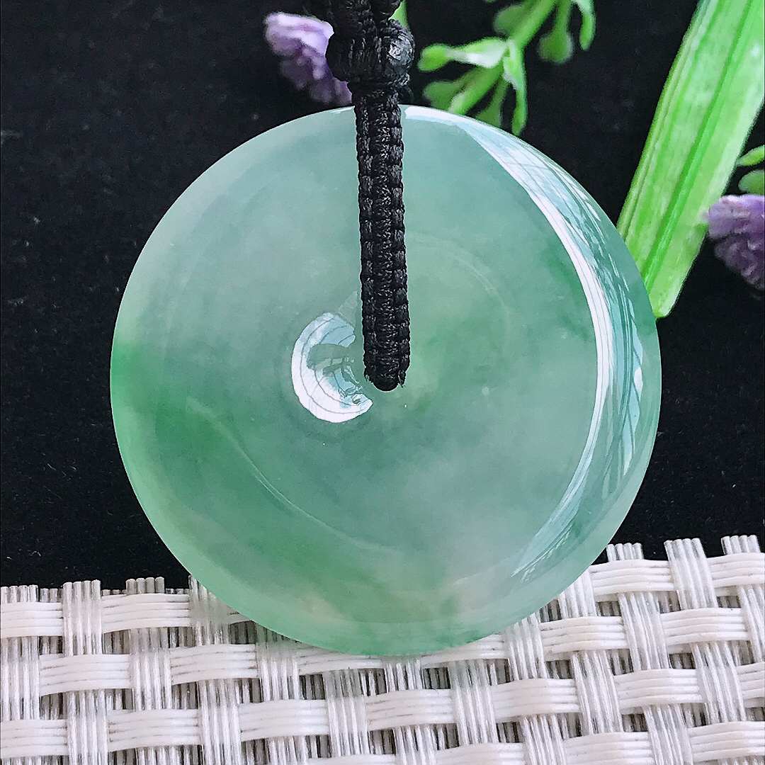 实拍A货翡翠36.5/5.8老坑冰种起胶冰晴飘绿平安扣吊坠翡翠玉扣挂件