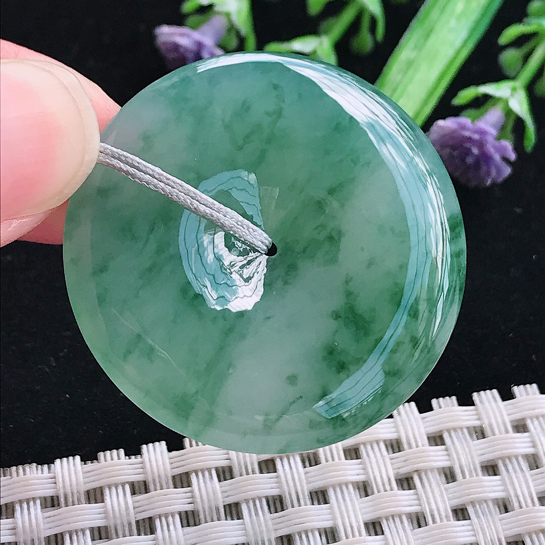 实拍A货翡翠35.9/5.6老坑冰润起胶飘花平安扣吊坠翡翠玉挂件