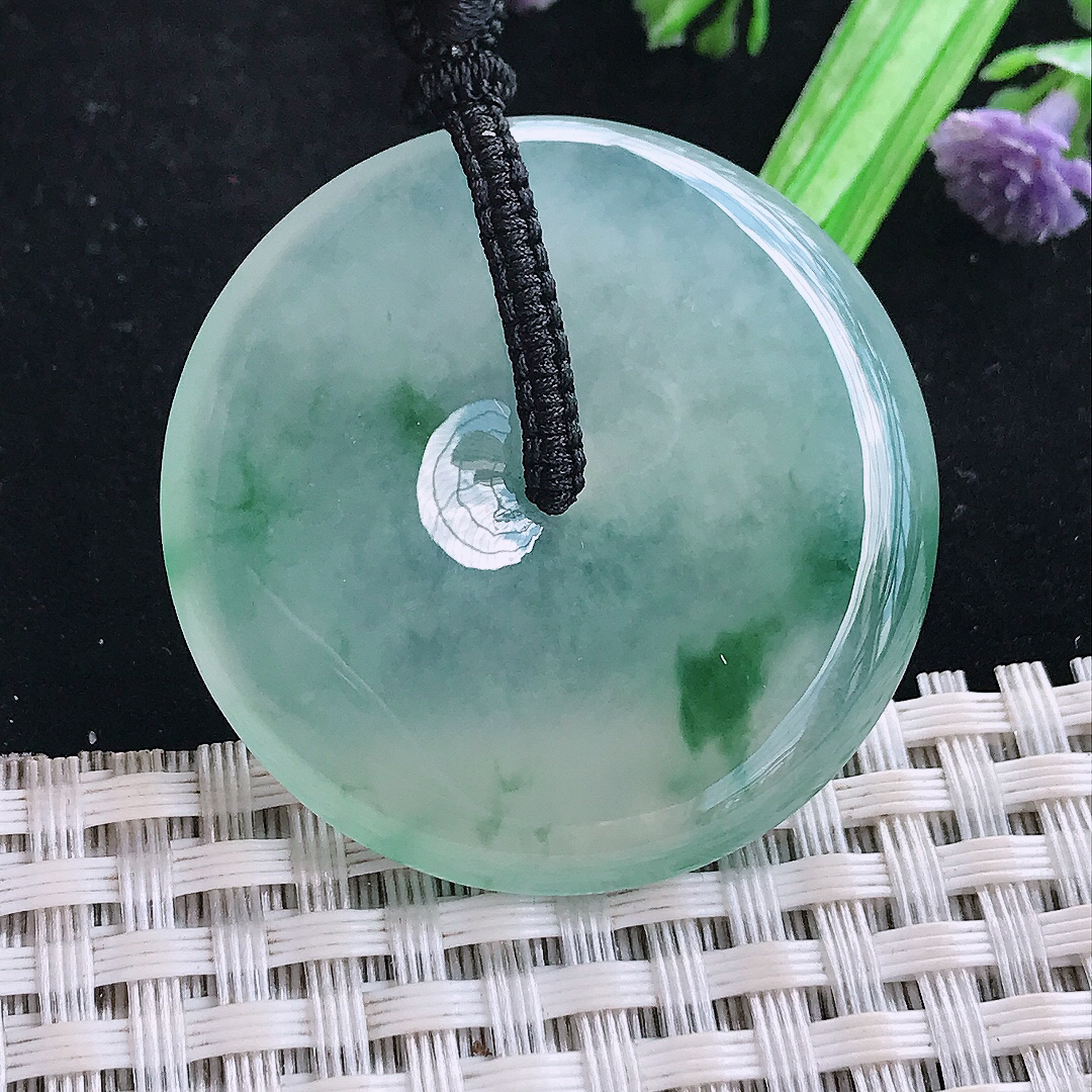 实拍A货翡翠38.2/6老坑冰种果冻冰飘花平安扣吊坠翡翠玉挂件