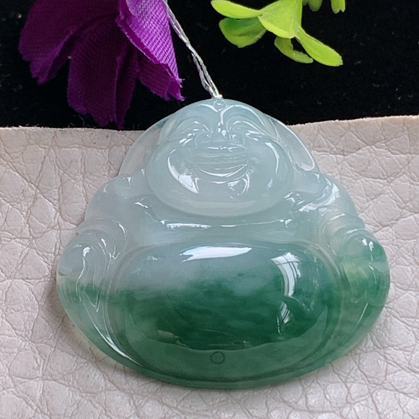qxm实拍31*33.8*6天然缅甸翡翠a货半山水饱满佛公 开心佛玉吊坠