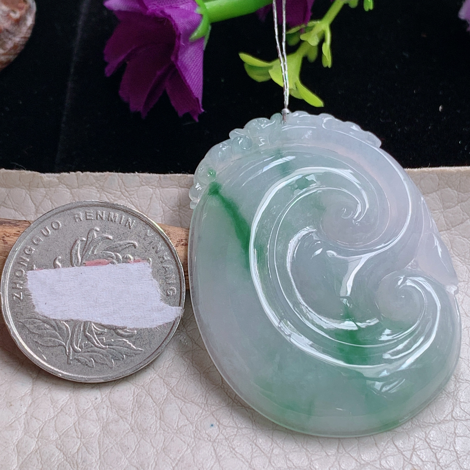 qxm实拍49*35*5.5天然缅甸翡翠a货冰飘花饱满如意 玉如意玉吊坠