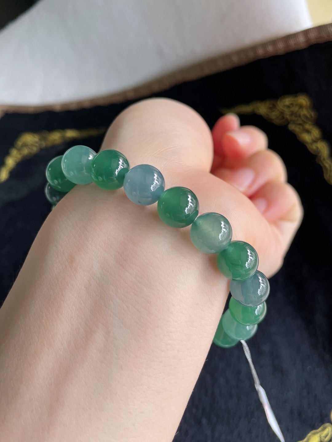 天然翡翠A货，冰蓝水多宝手串，尺寸：10mm。【编2996】