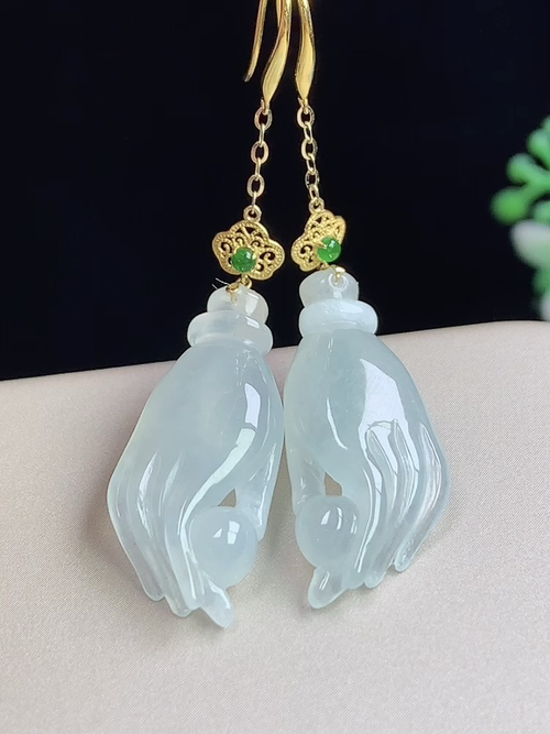 18k金镶冰种佛手耳环，无裂，尺寸25.8-11-5.5mm，L22fgd