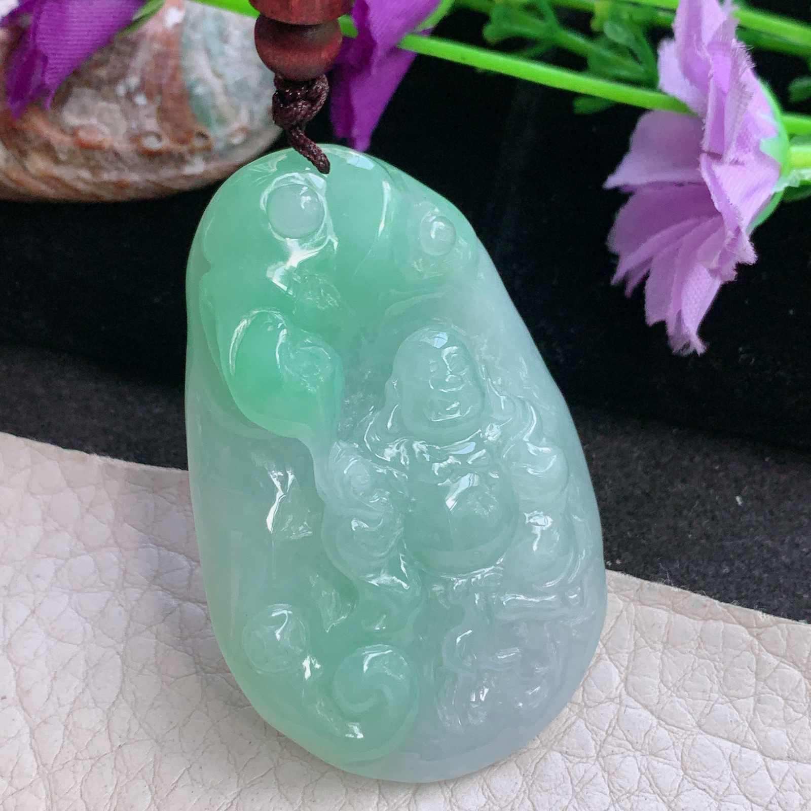 zen自然光51.8*34.5*10.2缅甸翡翠逍遥佛公吊坠布袋弥勒佛项坠
