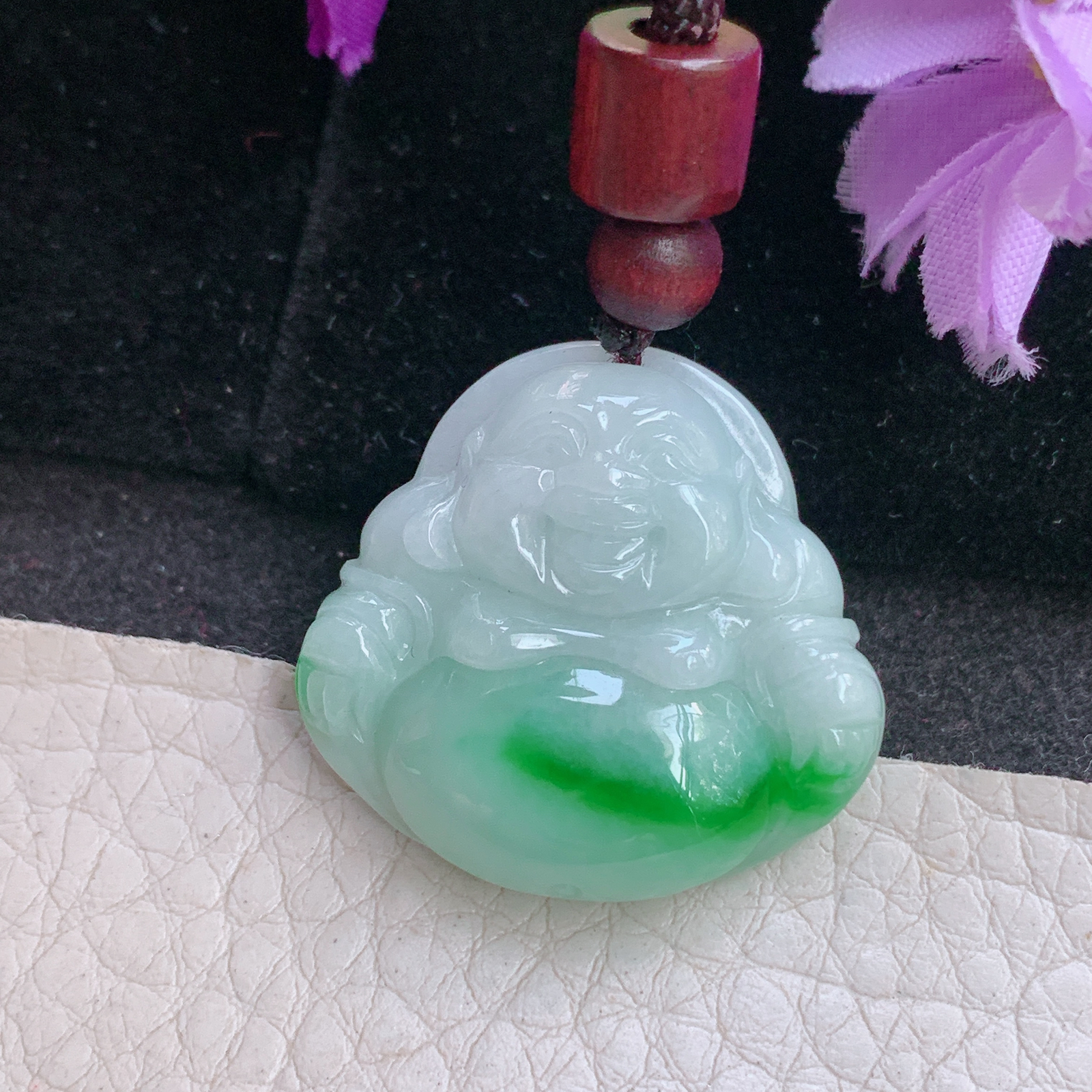 zen自然光27*28.5*6.8缅甸翡翠飘阳绿佛公吊坠白底青弥勒佛项坠
