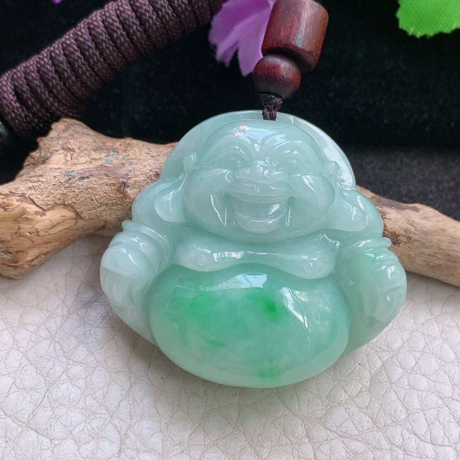 zen自然光36.6*41.2*13缅甸翡翠大佛公吊坠白底青弥勒佛项坠