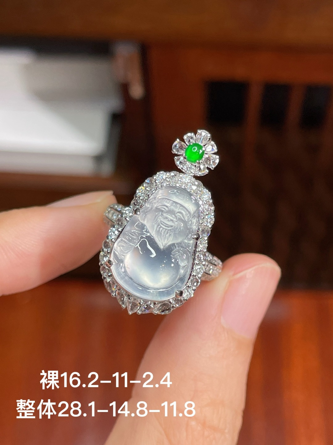 高冰财神戒指+高冰财神吊坠（两用款）无裂，18k金镶嵌，28.1-14.8-11.8