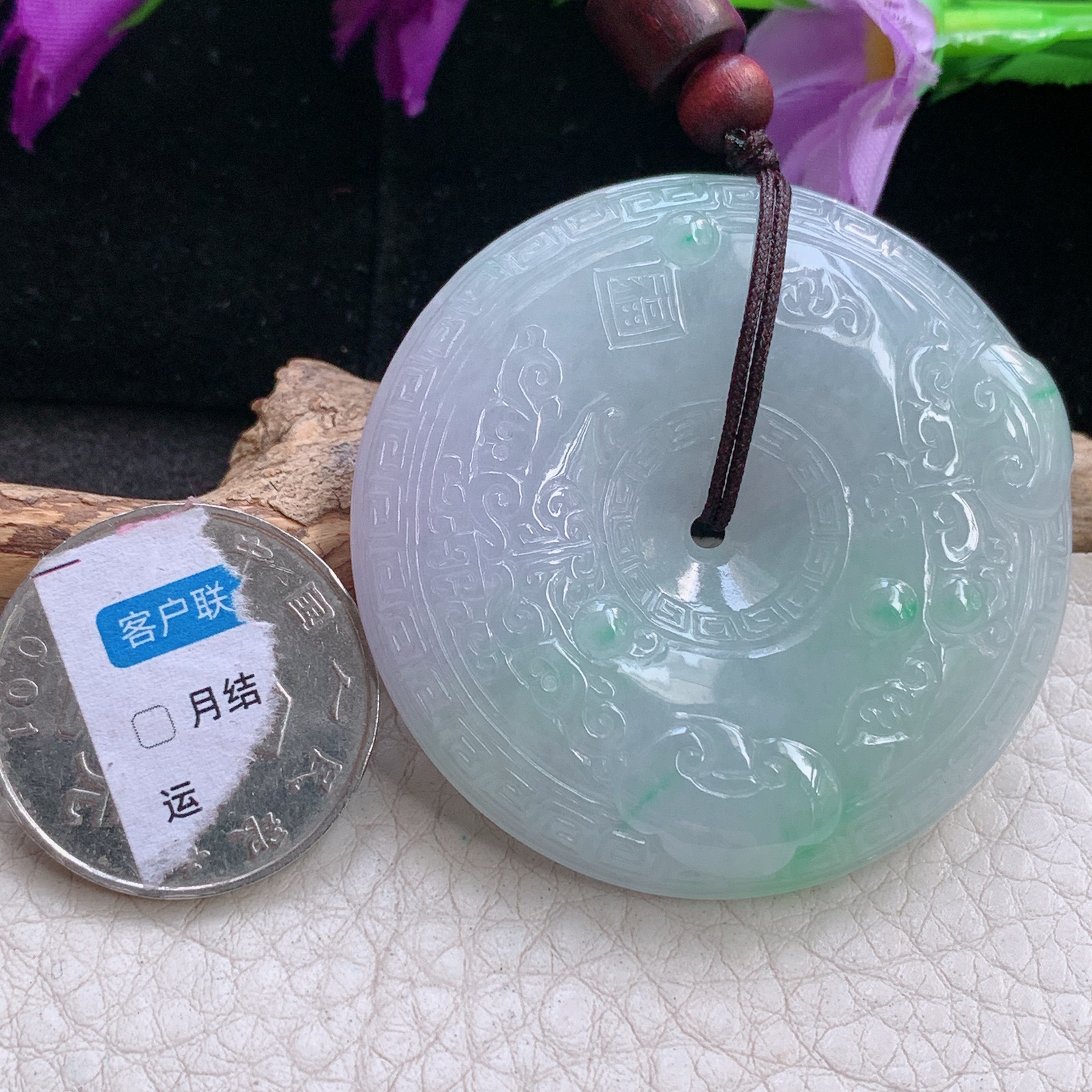 zen自然光47*11缅甸翡翠雕花平安扣项坠怀古玉扣毛衣坠