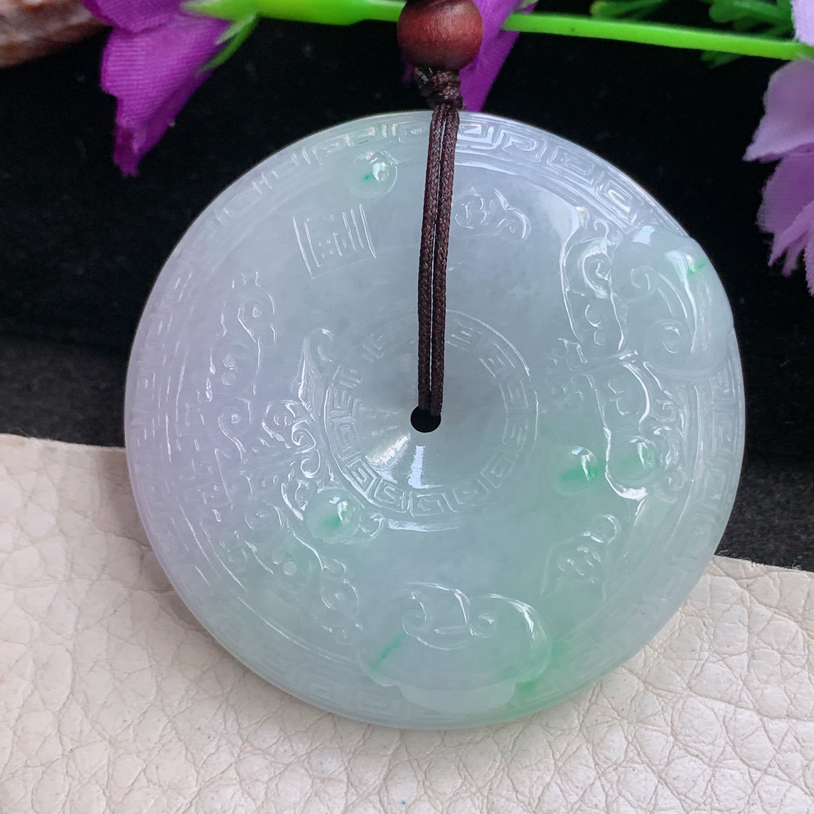 zen自然光47*11缅甸翡翠雕花平安扣项坠怀古玉扣毛衣坠