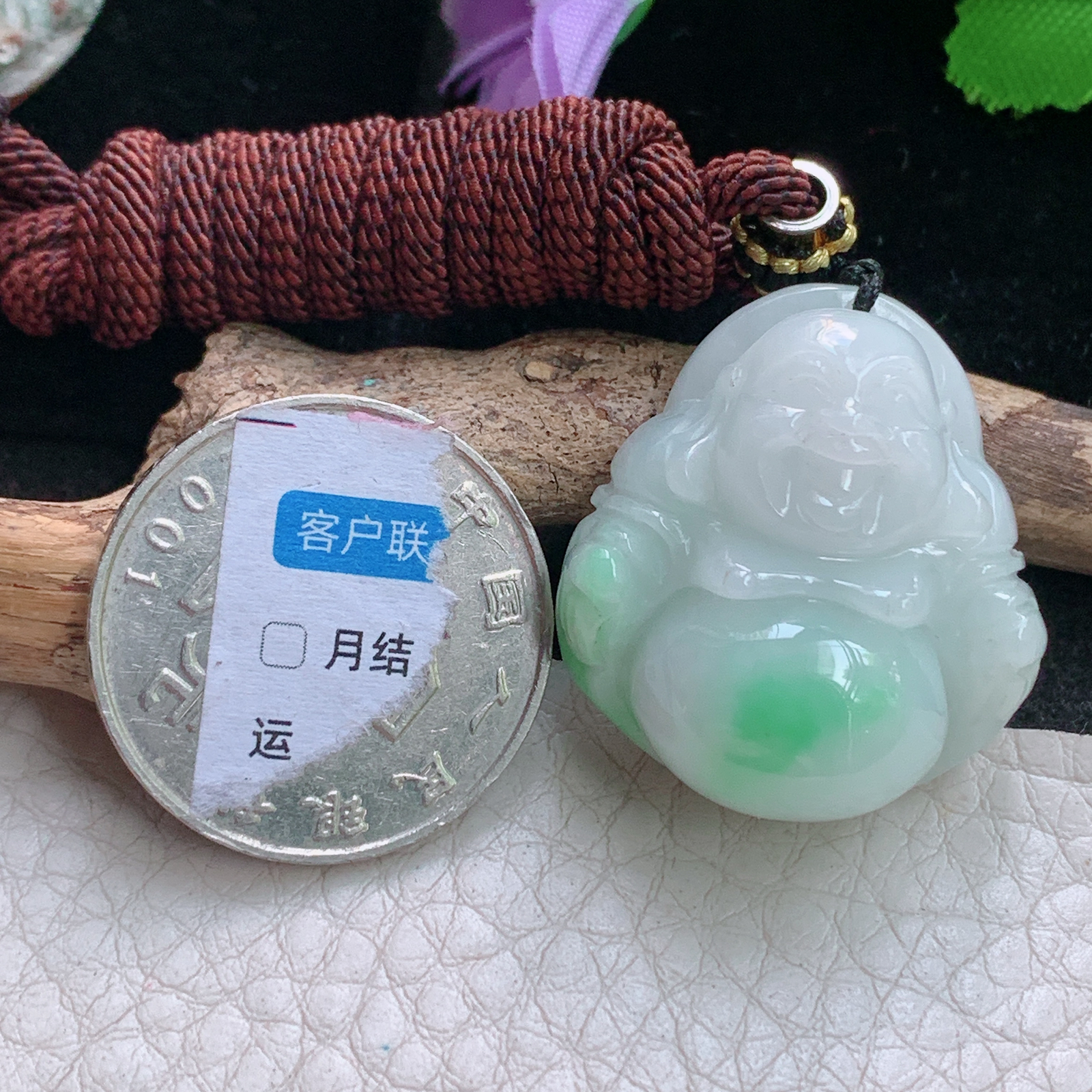 zen自然光28.8*26*12缅甸翡翠小佛公吊坠白底青弥勒佛项坠
