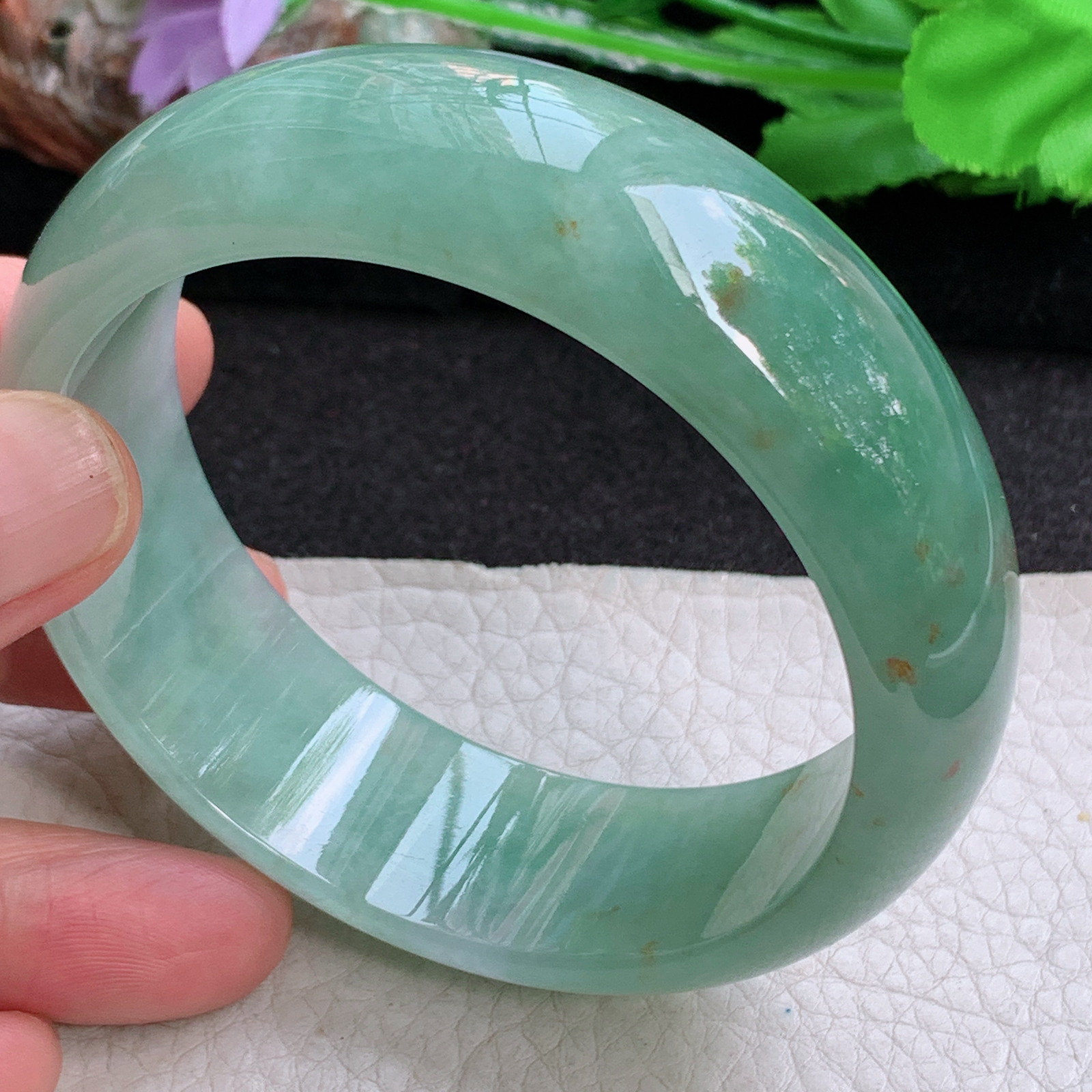 hh稀有款59*20*7.6轮胎镯 缅甸翡翠a货玉手镯 满绿飘花正圈玉手环