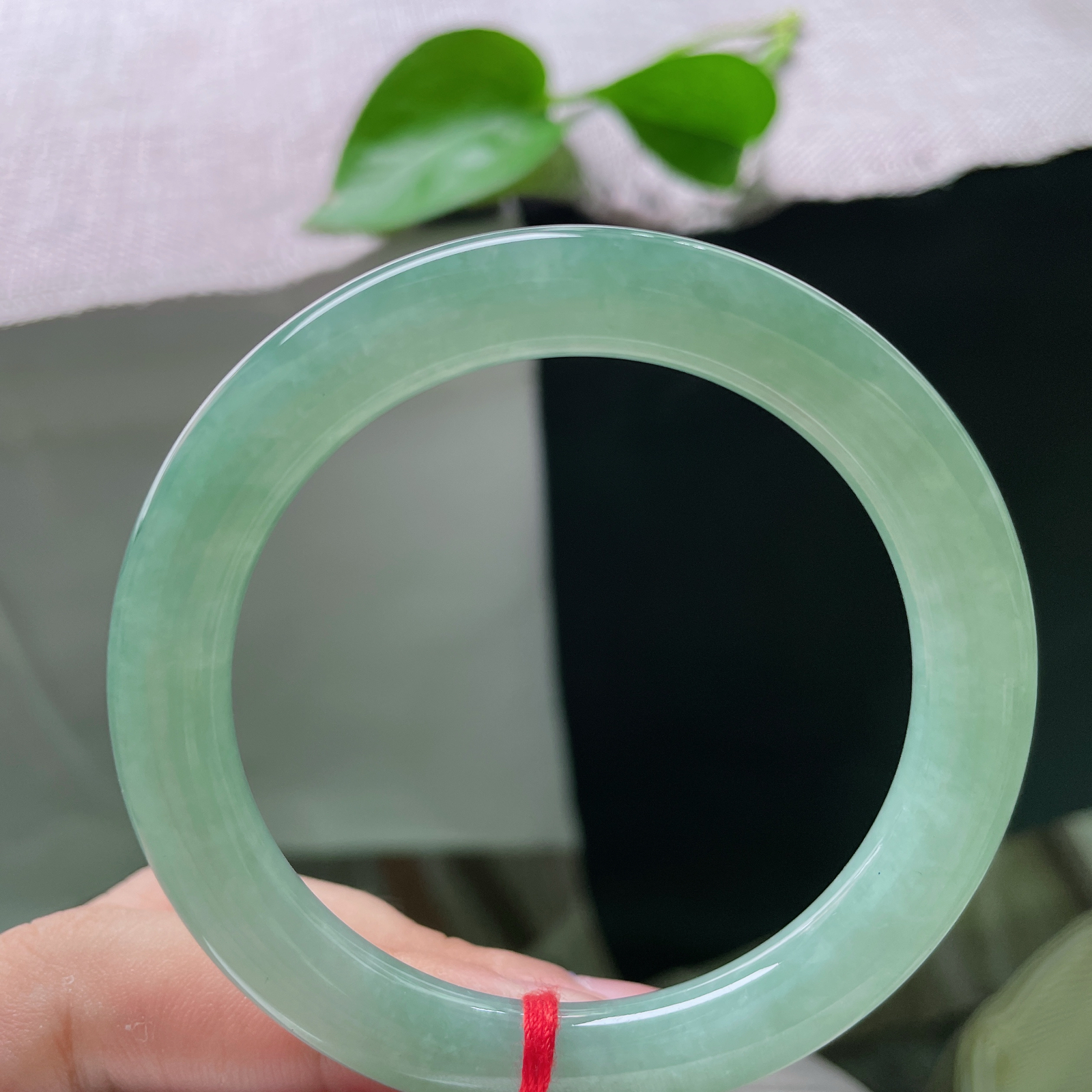 53.5/8.7，湖水绿圆条，一汪清浅湖绿凝于素面玉镯，水光温润，腕间自带清冷柔和的山野诗意，色线，
