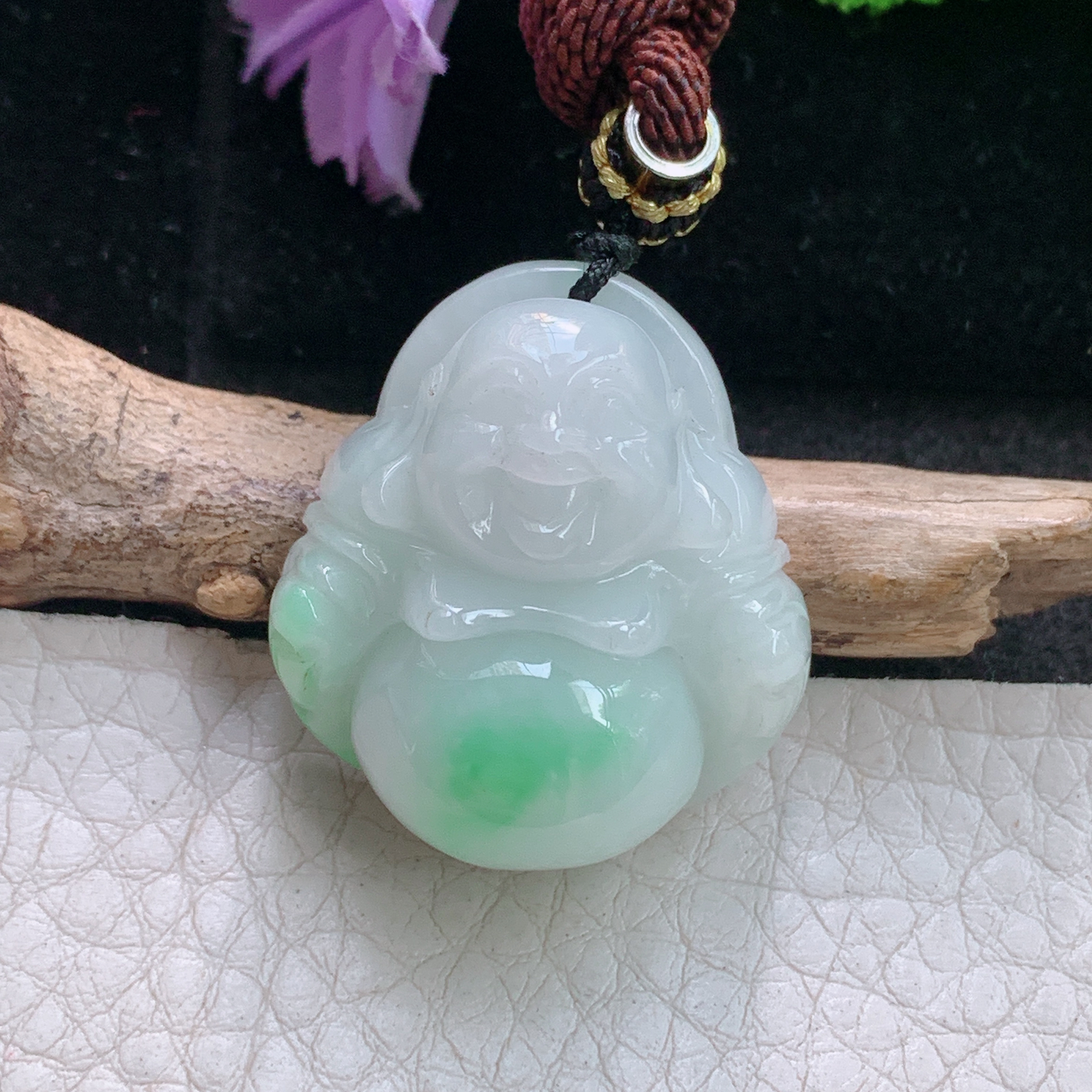 zen自然光28.8*26*12缅甸翡翠小佛公吊坠白底青弥勒佛项坠