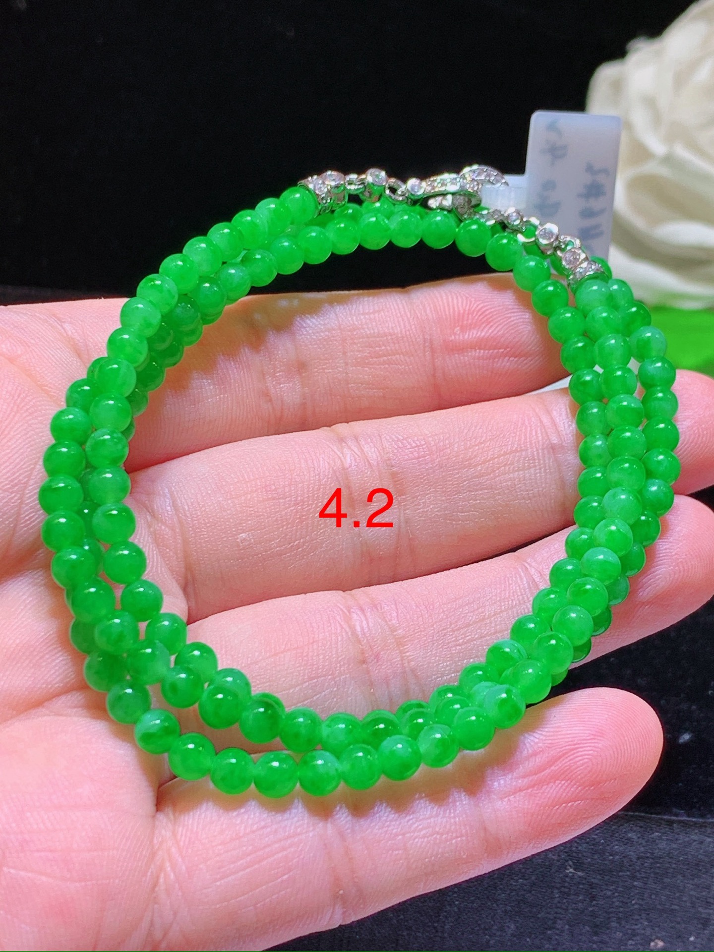 翡翠A货 满绿珠子手链项链两用款 18k金镶嵌，冰润细腻，佩戴效果出众，4.2