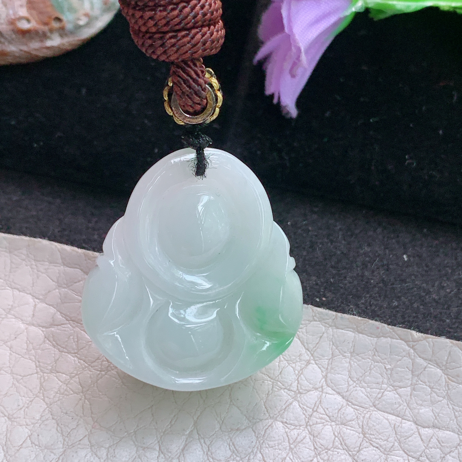 zen自然光28.8*26*12缅甸翡翠小佛公吊坠白底青弥勒佛项坠