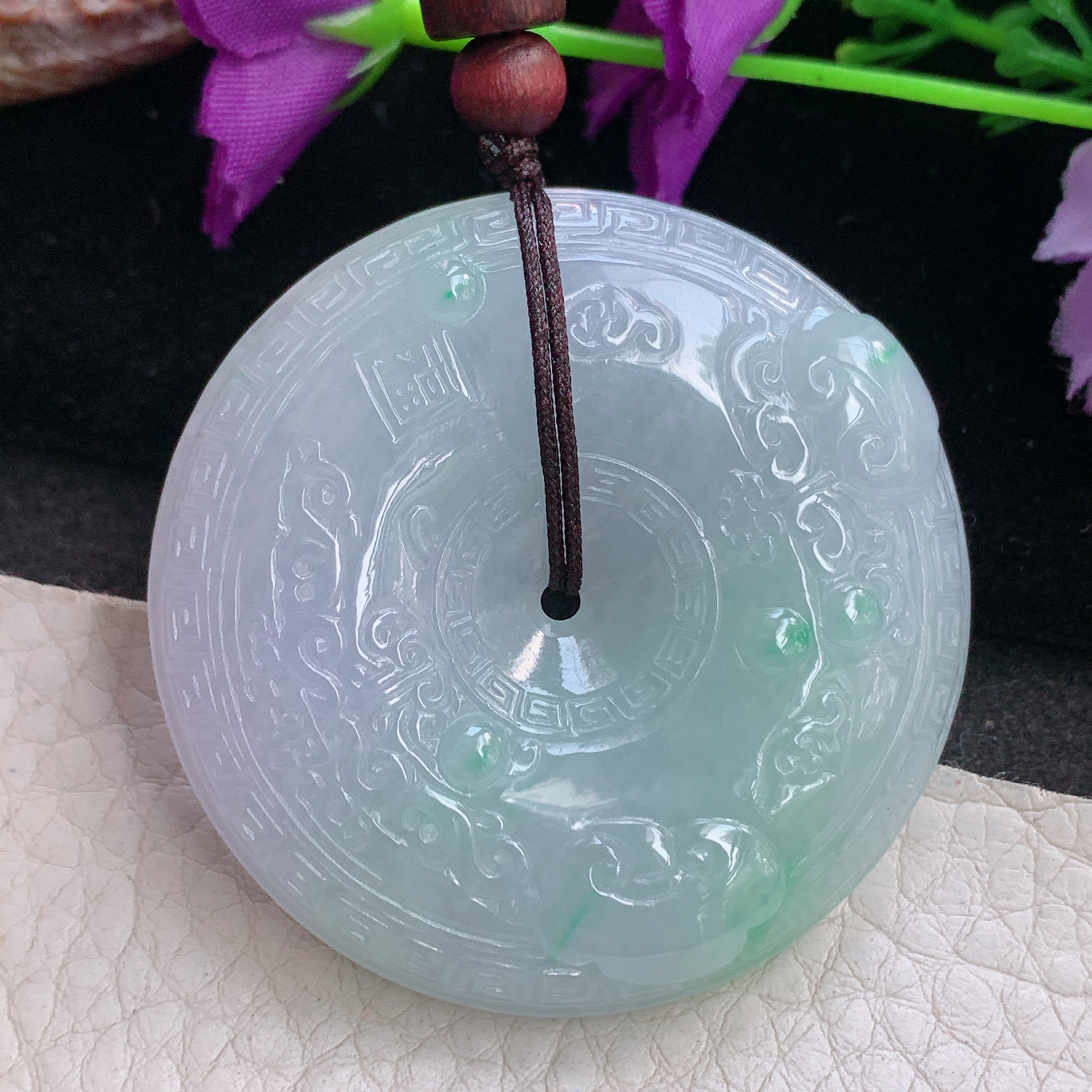 zen自然光47*11缅甸翡翠雕花平安扣项坠怀古玉扣毛衣坠
