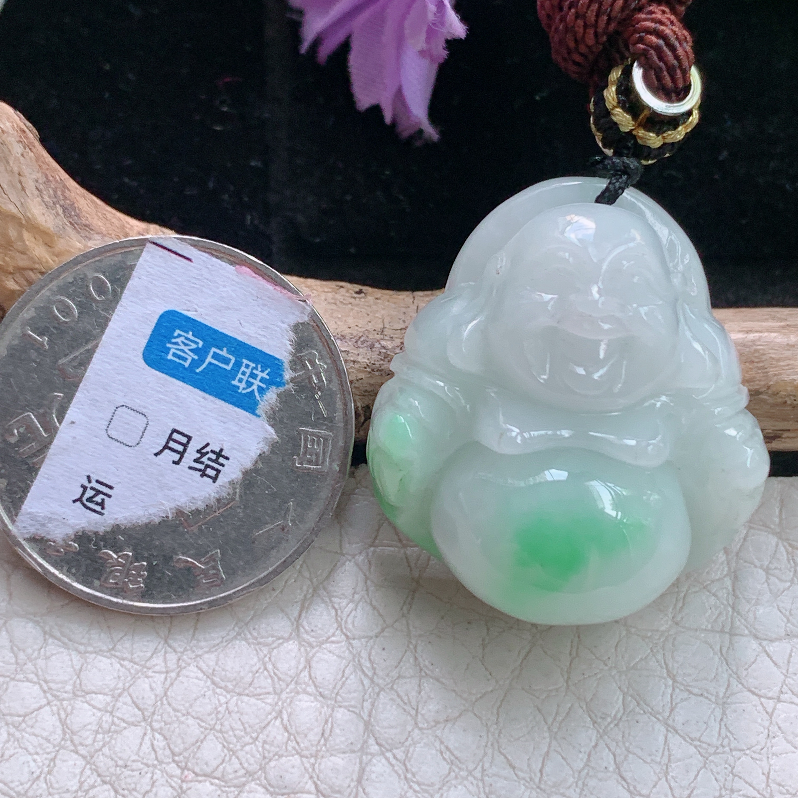 zen自然光28.8*26*12缅甸翡翠小佛公吊坠白底青弥勒佛项坠