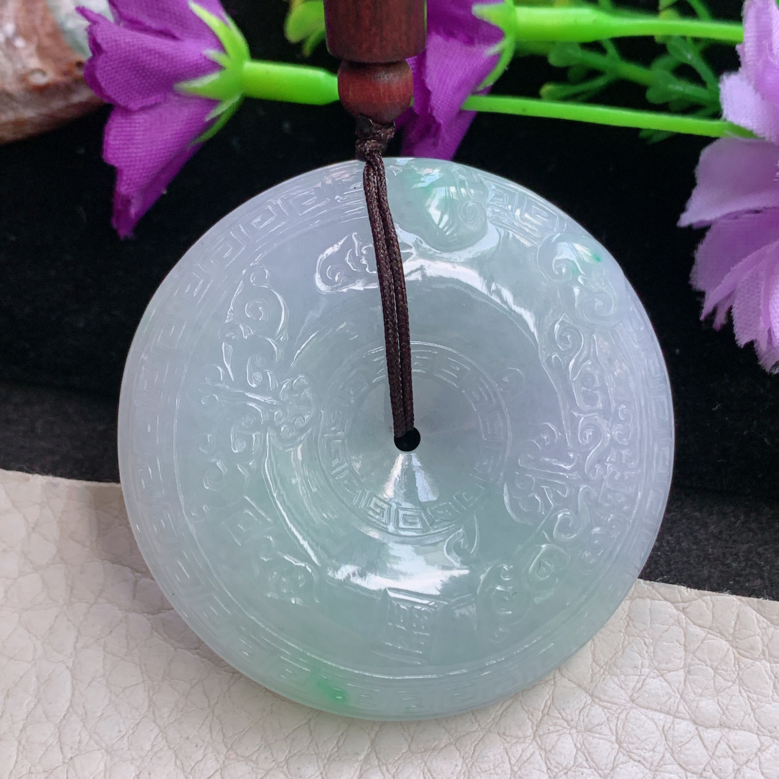 zen自然光47*11缅甸翡翠雕花平安扣项坠怀古玉扣毛衣坠