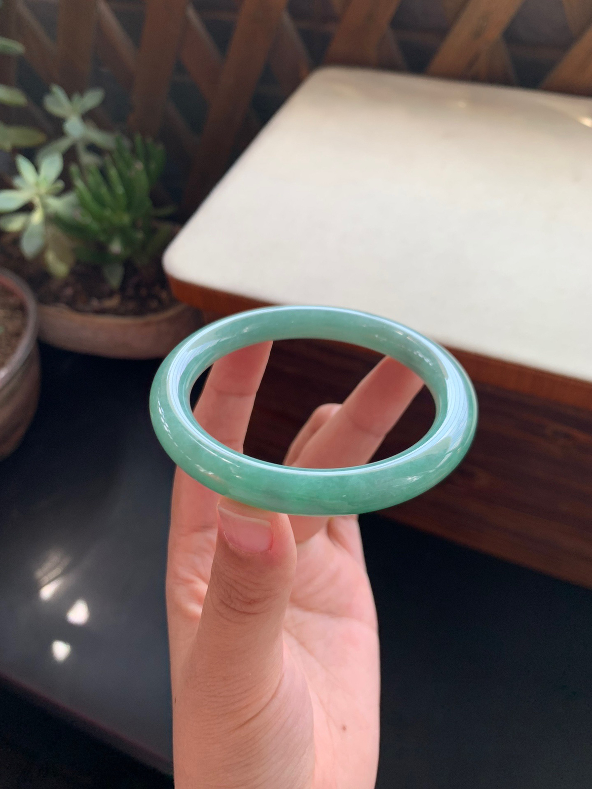 55.5圈口满绿圆条手镯