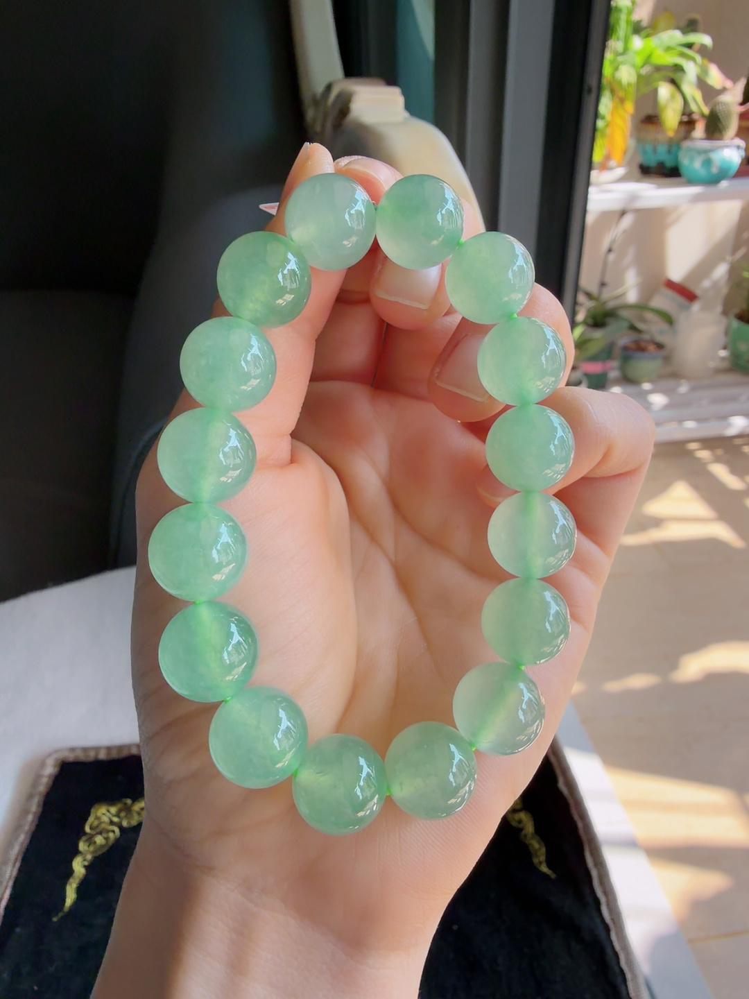 天然翡翠A货，冰满绿冰晴底手串，尺寸：12.8mm。【编3283】