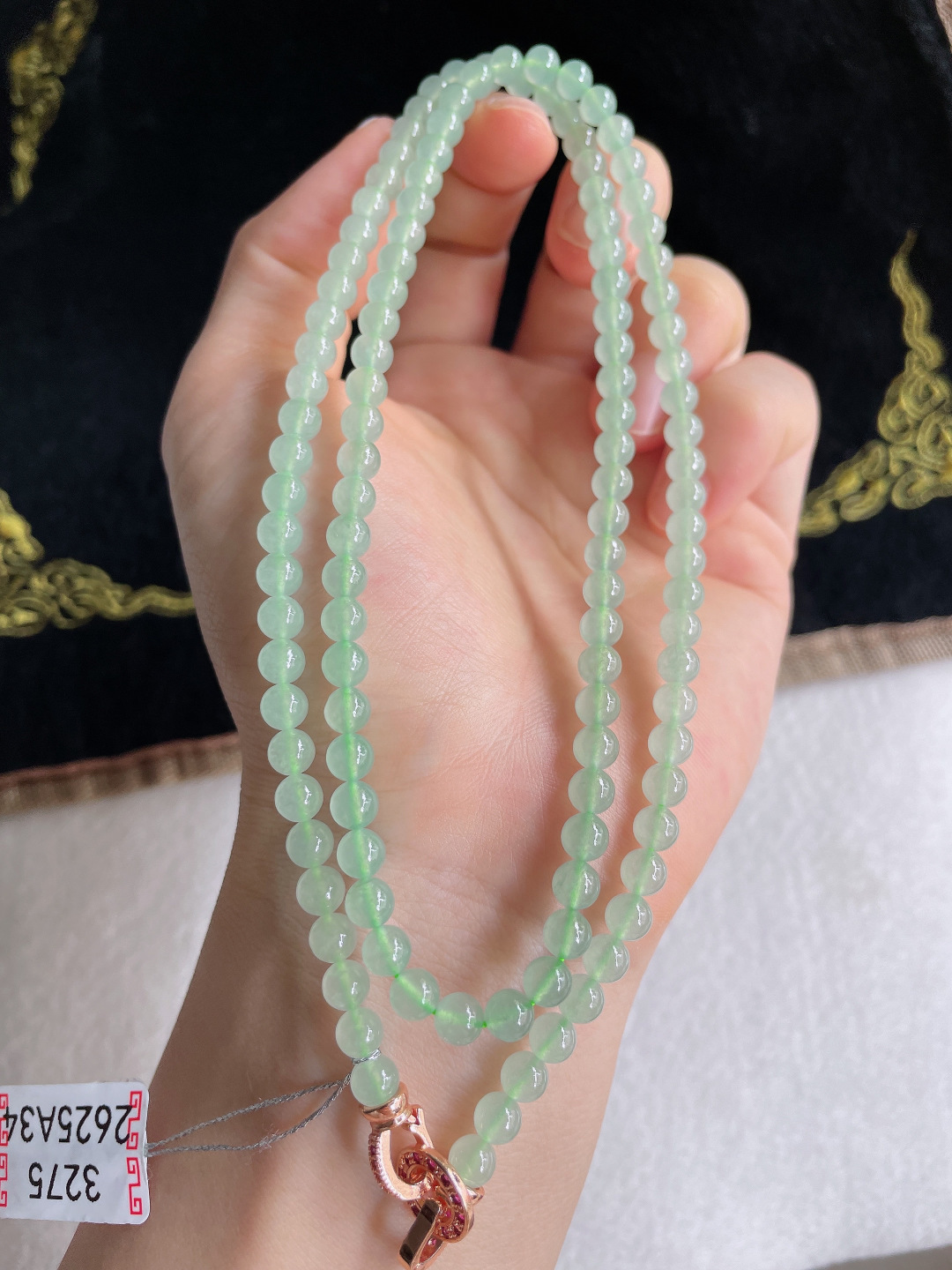 缅甸天然翡翠A货，冰绿冰晴底珠链，尺寸：5mm118颗。【编3275】