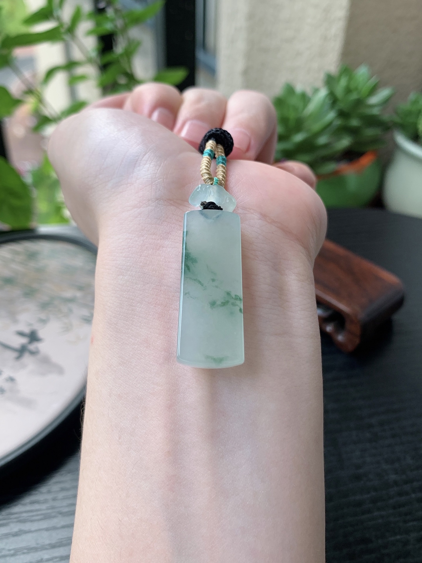 老坑冰种胶感飘蓝花无事牌吊坠 裸石尺寸:34.8-14.2-5.5mm