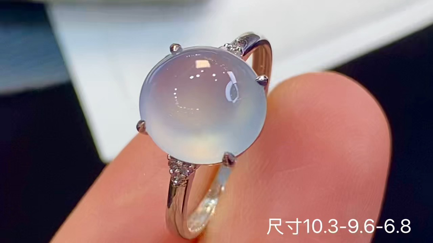 18k金+钻玻璃种蛋面戒指，无暇，10.3-9.6-6.8