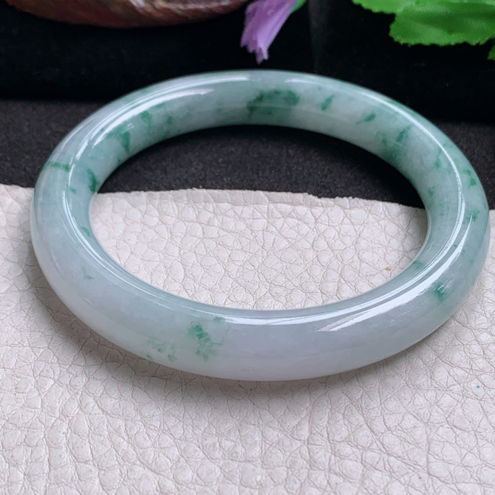 ym实拍58*10.7*10平安镯 缅甸翡翠a货玉手镯 飘花圆条玉手环
