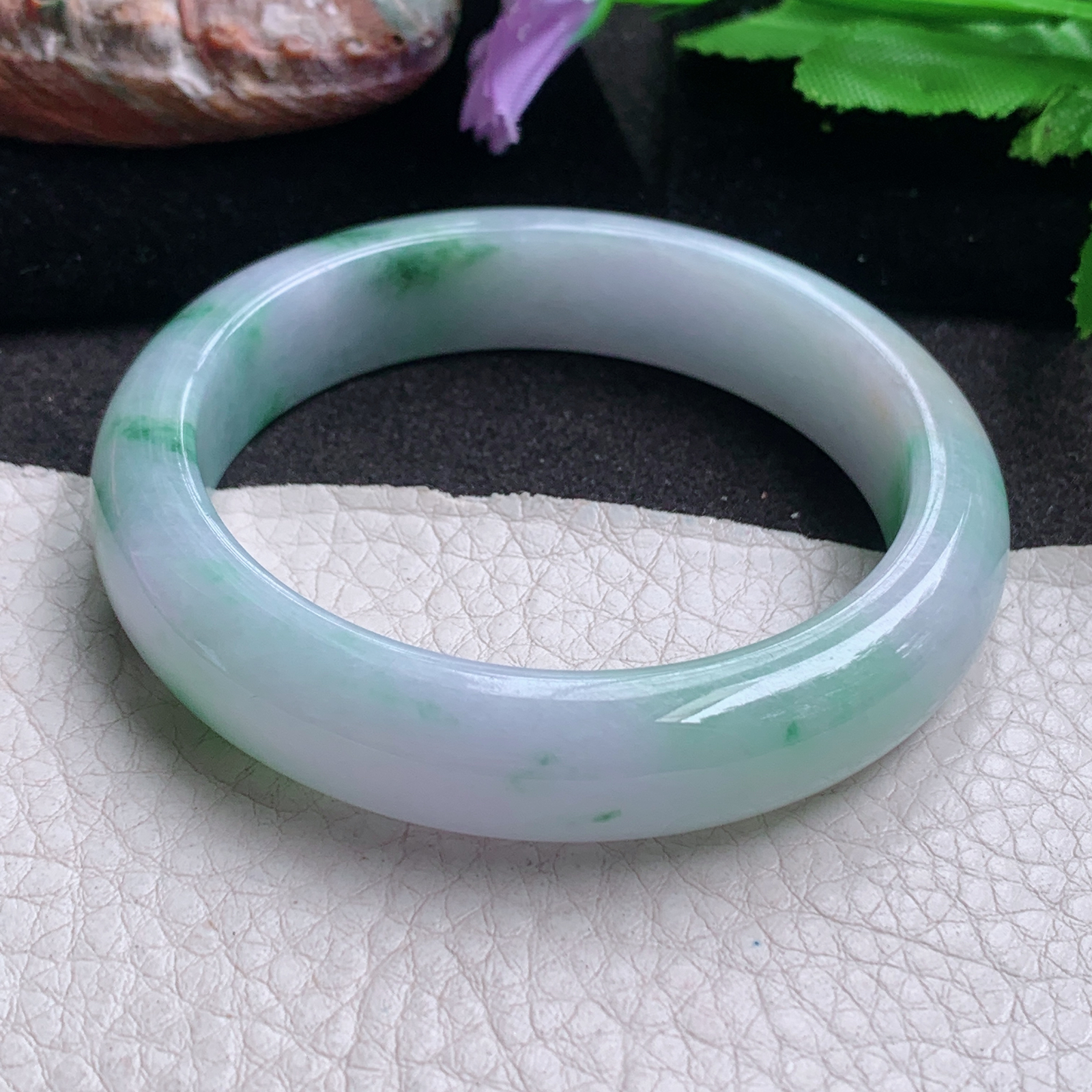 hy实拍53.5*12.5*8平安镯 缅甸翡翠a货玉手镯 飘花清秀宽边玉手环