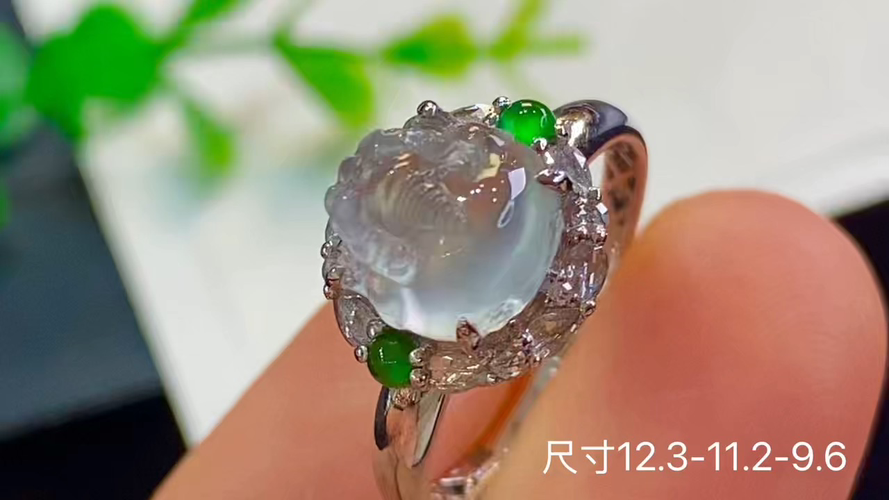 18k金+钻玻璃种貔貅戒指，无裂，12.3-11.2-9.6