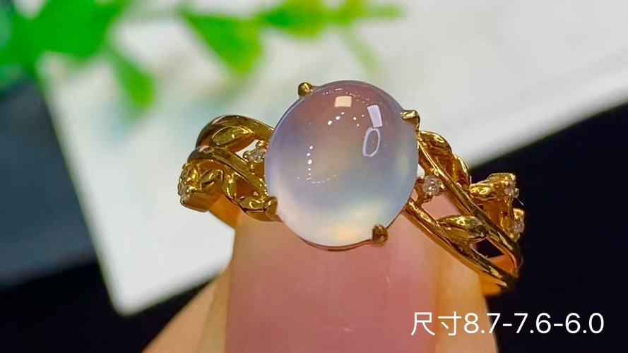 18k金+钻玻璃种蛋面戒指，无暇，8.7-7.6-6.0
