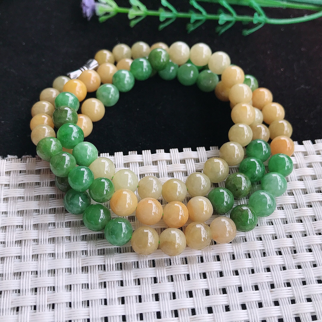 实拍A货翡翠6.8/80颗老坑精美辣色双彩圆珠项链项链翡翠玉珠手串