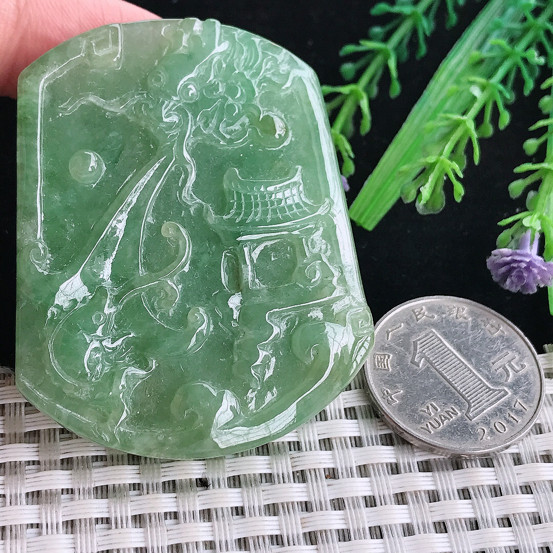 自然光57/45.7/7老坑冰润满绿鱼跃龙门龙牌吊坠翡翠挂件百搭