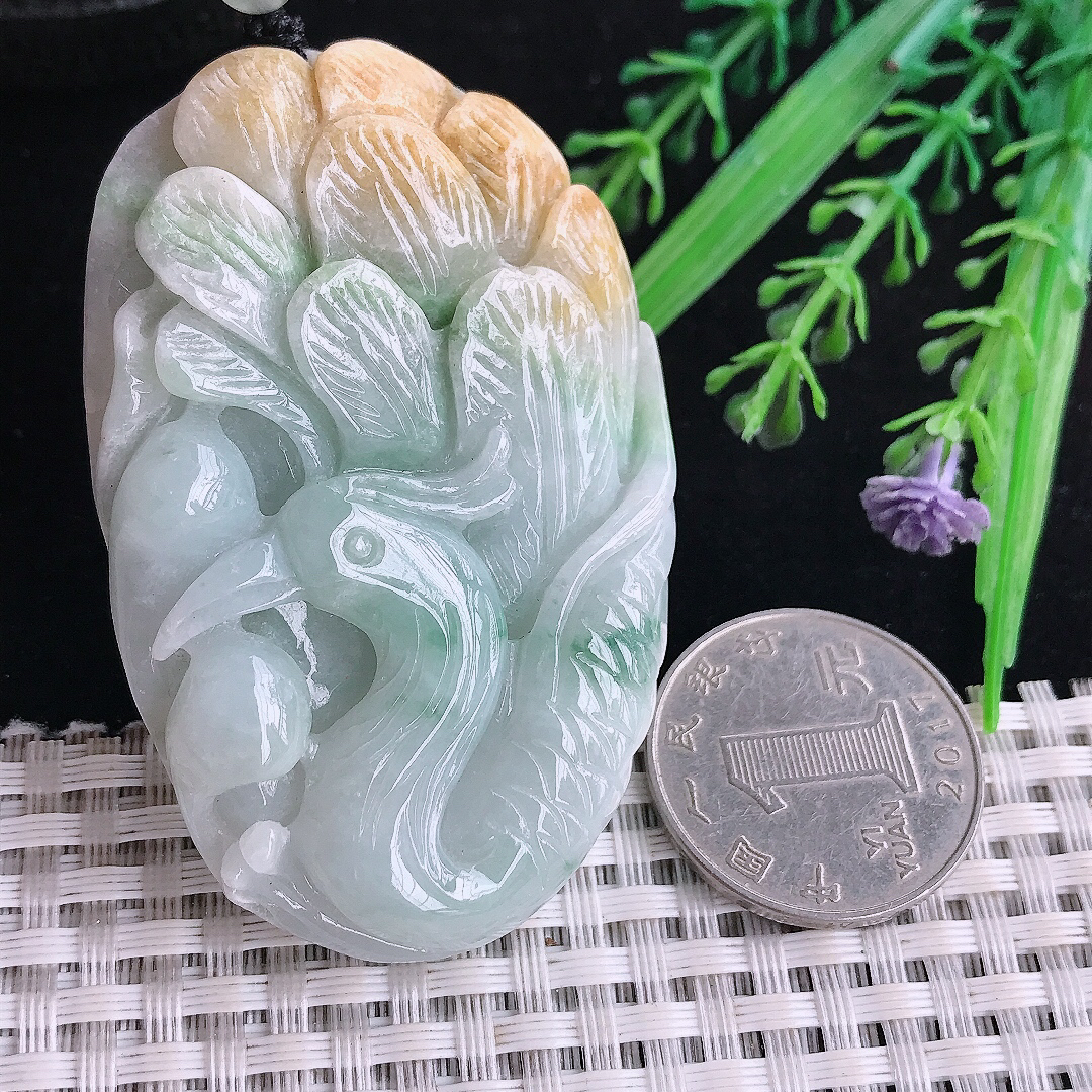 自然光61.5/40.8/9.8老坑温润双彩凤凰牌吊坠翡翠挂件百搭